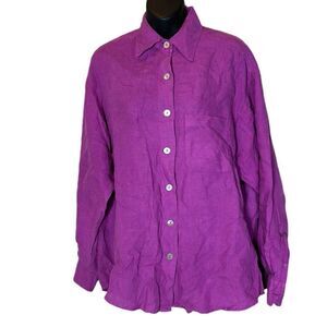 Bryn walker ladies 100% linen purple button up long sleeve hi low tunic med